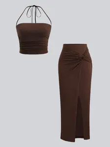 Summer Womenswear Solid Color Fabric Chic Sexy Fit Off-Shoulder Crop Top with Cinched Waist & Wrap Tie + High Slit Twist Detail Draped Figure-Skimming Skirt (Two-Piece Set)