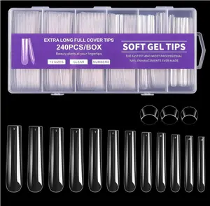 Long Square Nail Tips, 240Pcs Full Cover Soft Gel Nail Tips Pre-shaped 3XL Straight Shape Clear Acrylic False Nail Fake Nail Extension Press On for Salon Home DIY 12 Sizes