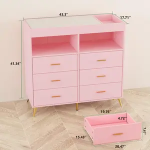 Garvee Nursery Changing Table Dresser, Baby Dresser with LED Light, 6 Drawer Diaper Station, Multi-Functional Baby Furniture with Power Outlet, Pink