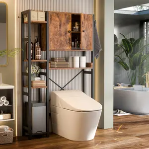 Over The Toilet Storage Cabinet with Doors - 7 Tier Bathroom Organizer with Adjustable Shelf, Freestanding Space Saver Rack Above Toilet Stand with 4 Hooks for Bathroom, Restroom, Laundry