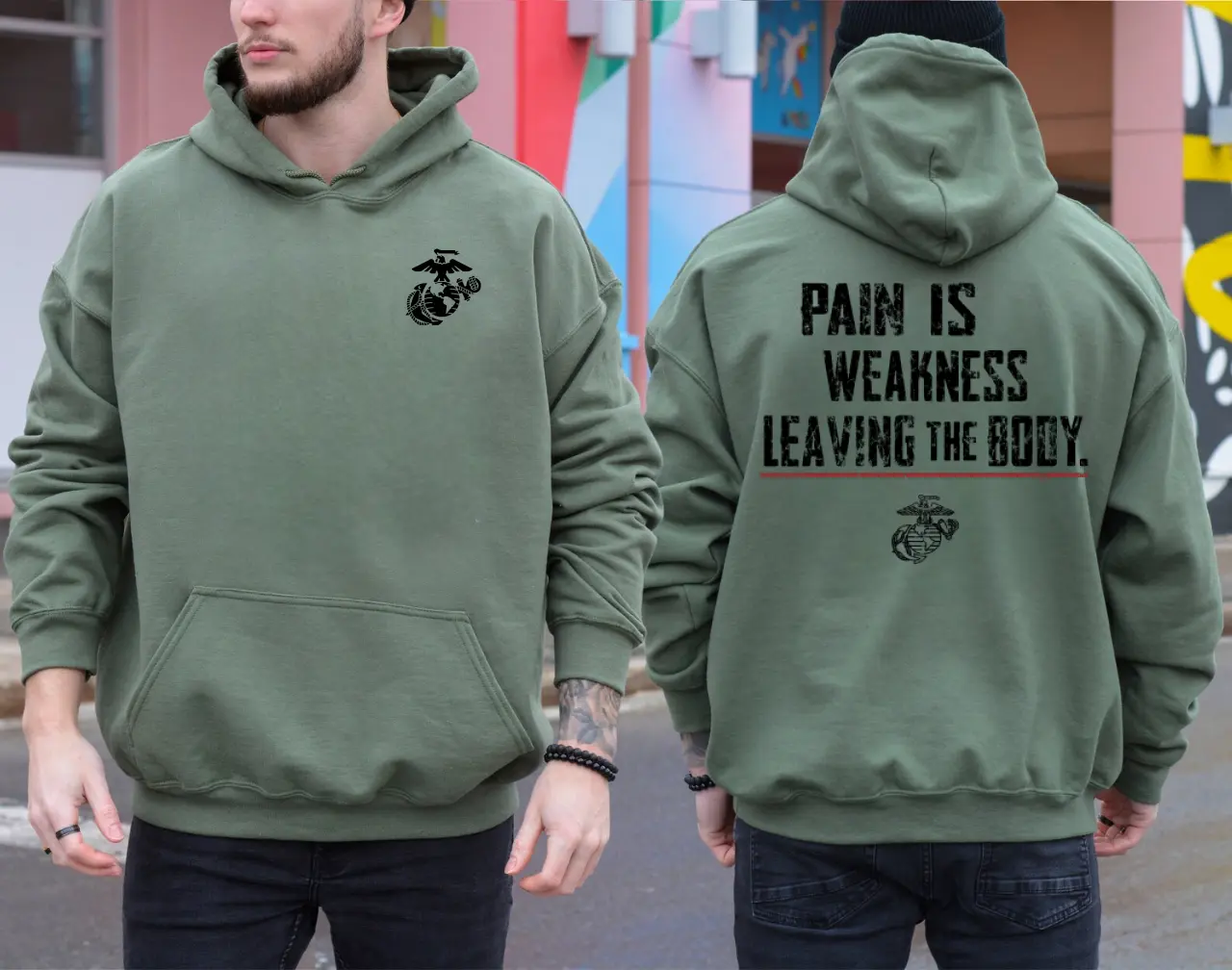 2 Sided USMC Pain Is Weakness Leaving The Body Hoodie, Marine Corps EGA Logo Graphic Pullover, Motivational Military Gym Hoodie Unisex Fit