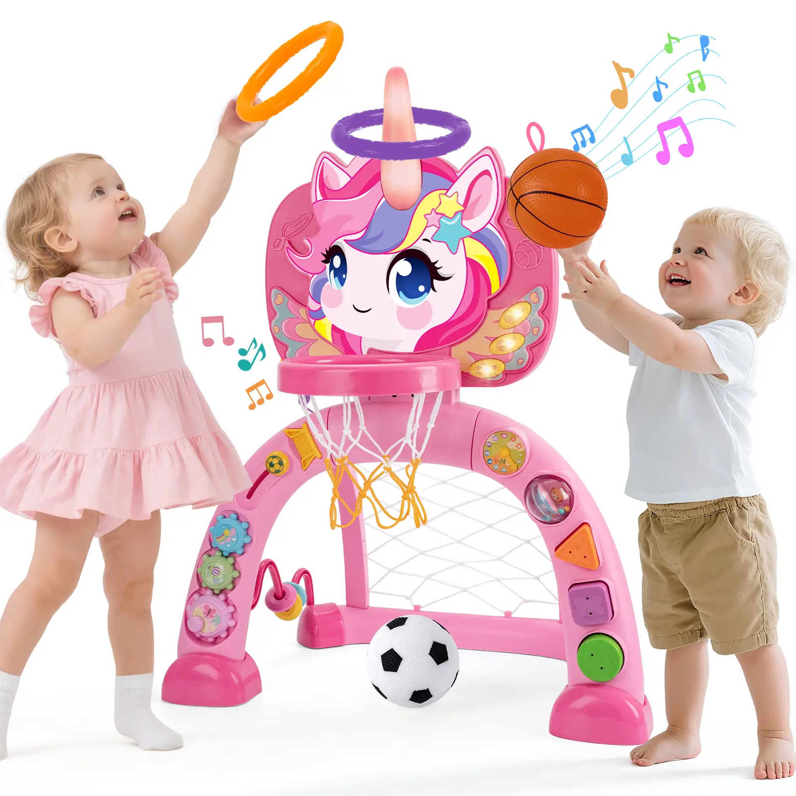 Toddler Basketball Hoop and Soccer Goal: Unicorn-Shaped 10-in-1 Multi-Functional Baby Activity Center—Suitable for infants aged 12–18 months and boys and girls aged 1–3 | Indoor/Outdoor Birthday Gift, Birthday Present, First Birthday Gift