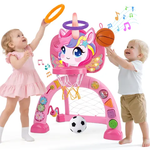 Clearance sale Unicorn-Shaped 10-in-1 Toddler Basketball Hoop & Soccer Goal Toy - Food-Safe, Nursery Rhymes, 1-3 Years Early Learning, Number Recognition, Indoor/Outdoor Activity Center, Baby Items, Kids Toys, Kids Learning Materials