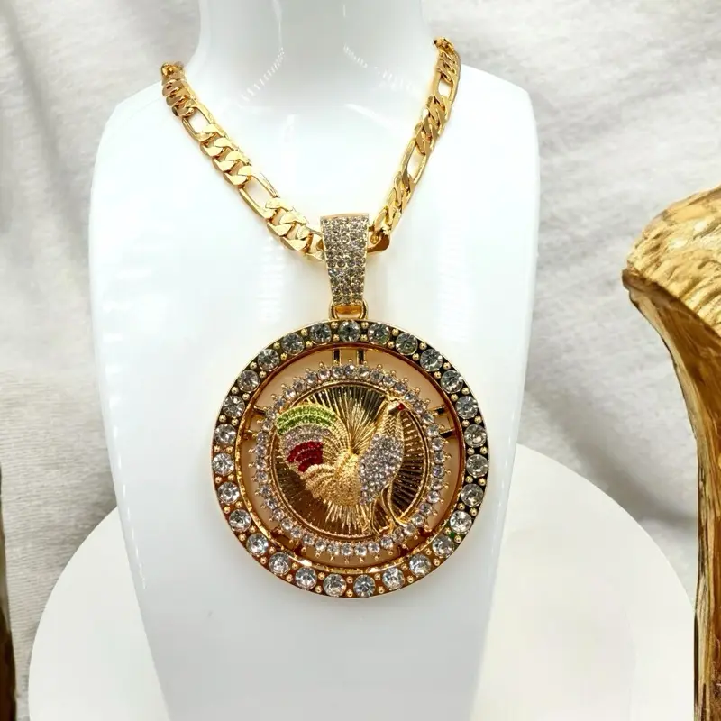 SPINNING CENTENARIO, WITH IMAGE OF ROOSTER, MEXICAN COLORS WITH 24 26" (24K GOLD FILLED), Necklace Chain, Rhinestones Necklaces