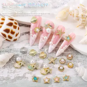30pcs Ocean Core Nail Rods (6 Grid), Kawaii Metal Rivets, Shell, Flamingo, Starfish, Y2K Alloy & Rhinestones, DIY Acrylic Nails