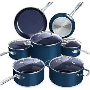 Nuwave Healthy Duralon Blue Ceramic Nonstick 12pc Cookware Set,Diamond Infused Scratch-Resistant,PFAS Free,Dishwasher & Oven Safe,Induction Ready & Evenly Heats, Tempered Glass Lids, Stay-Cool Handles
