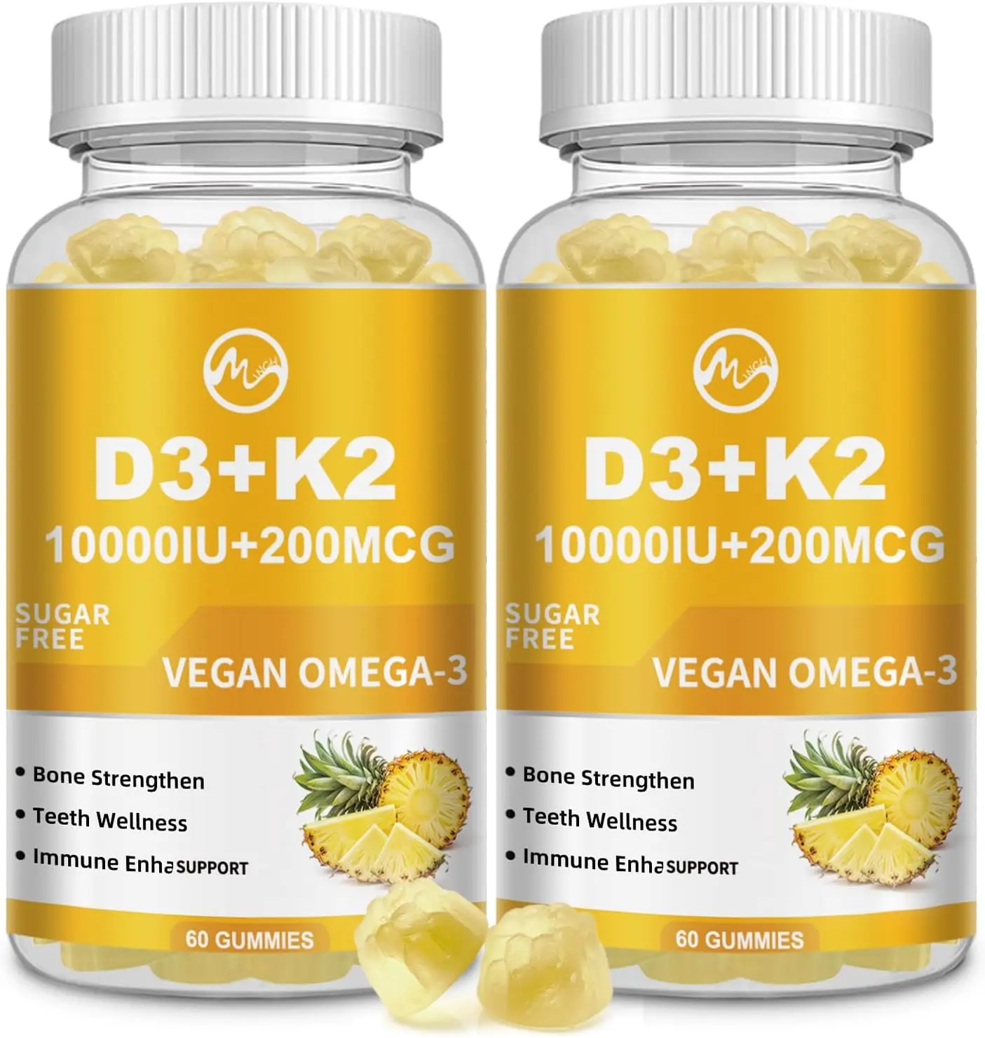 M inch Vitamin D3 K2 Gummies, Vitamin D3 10000IU, K2 (MK-7) 200mcg, 6-in-1 Vitamina D3 con K2 Supplement with Omega-3 for Women and Men - Bones, Teeth & Immune Support, Sugar Free, 2 Pack