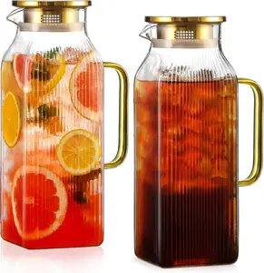 2 Pack 2 Liter/68 oz Square Glass Pitcher with Lid, Classic Stripes Water Pitchers with Handle for Fridge, Large Jug for Iced Tea, Coffee, Borosilicate Glass Carafe for Hot/Cold Brew Drink, Gold