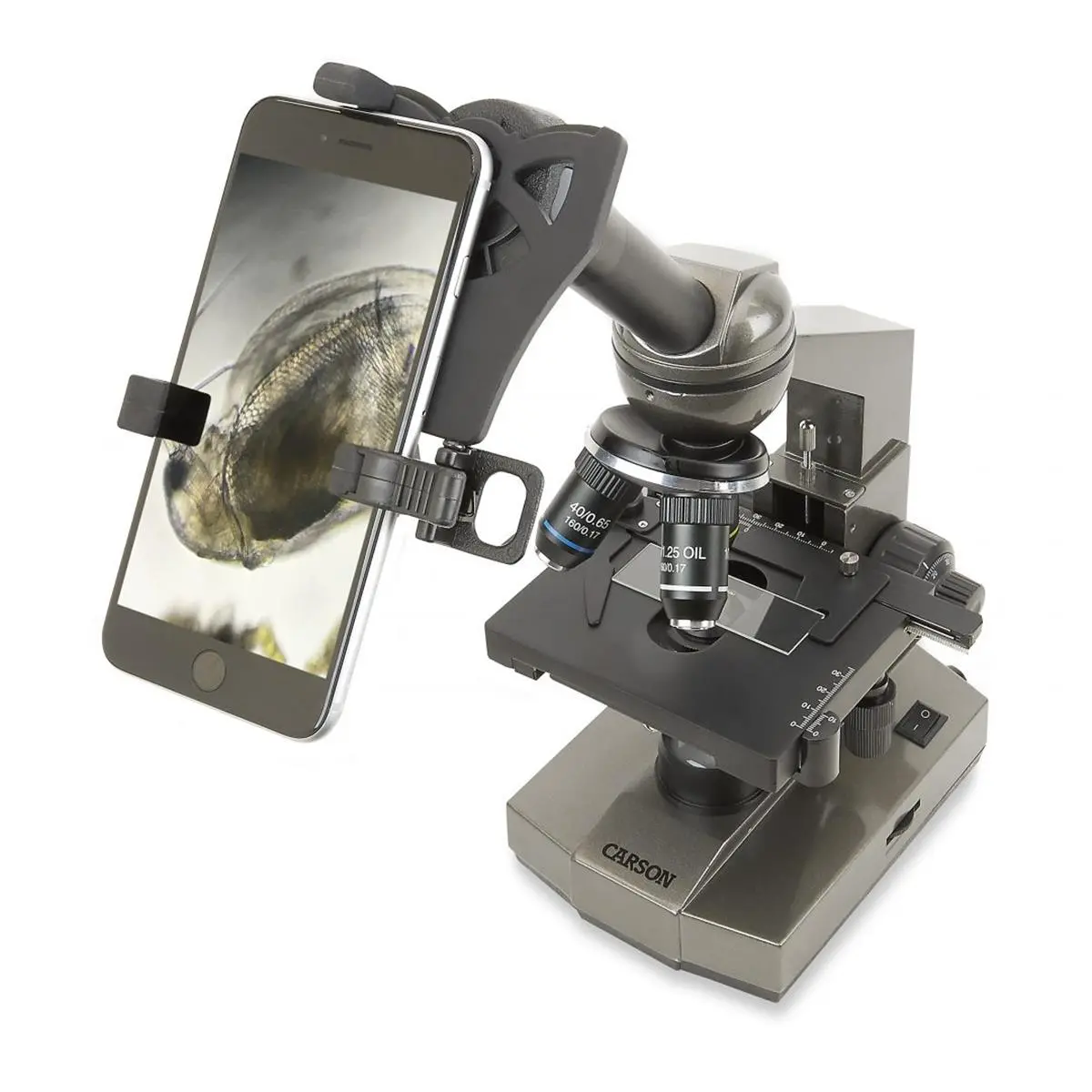 Carson Compound Student Microscope (100x-1000x Magnification) with Mechanical Stage, Universal Smartphone Digiscoping Adapter, 360-Degree Rotation, Ac Power Adaptor, Bright White Light for Biological Specimens, 3.75 Inches, Comfortable Viewing, Sharing Of