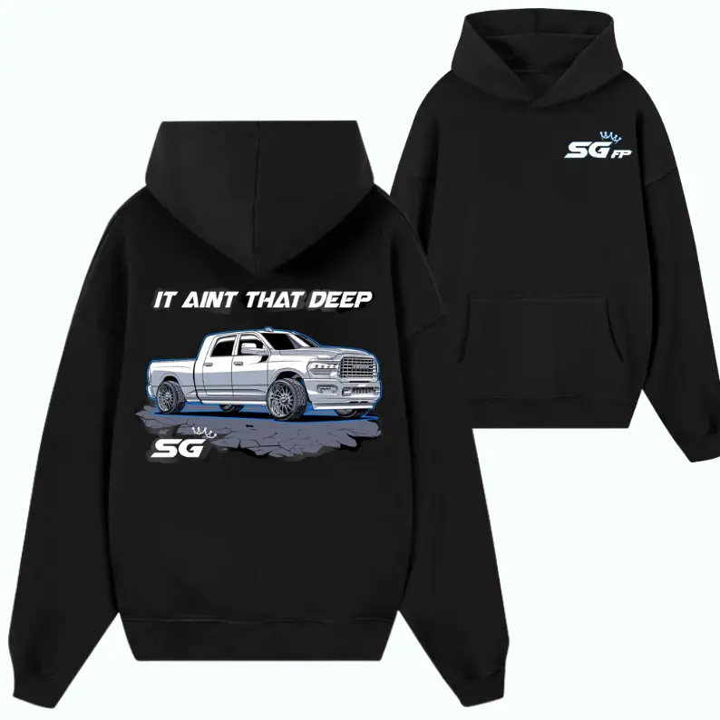 SG x Fitzgerald Performance “It Ain’t That Deep” Hoodie – White Slammed Truck Graphic Pullover, Streetwear for Men & Women, Diesel Truck Lover Apparel, SG FP Low Truck Outfit Gift