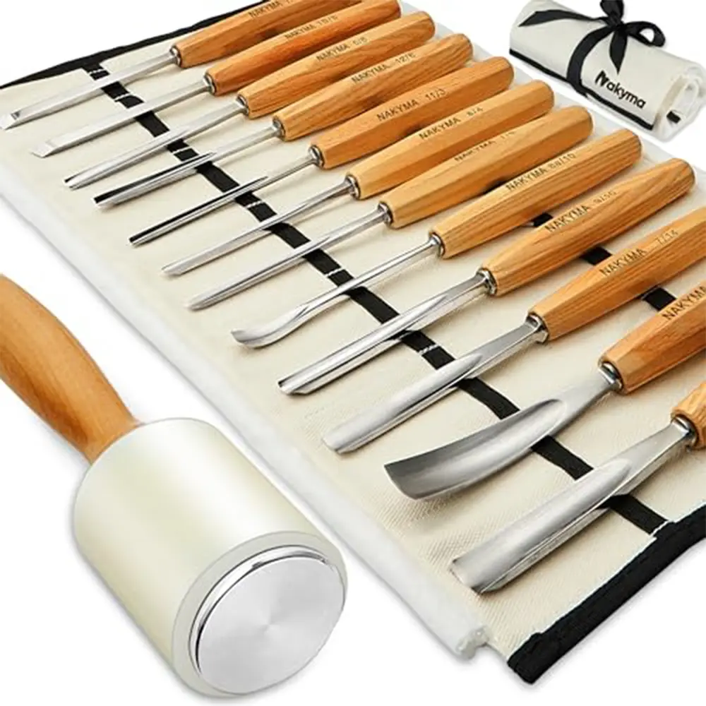 12PCS Steel & Wood Carving Chisel Set - C60 Hardness Sharp Blades, Anti-Roll Grip, Wood Mallet, Carrying Roll for DIY Crafts