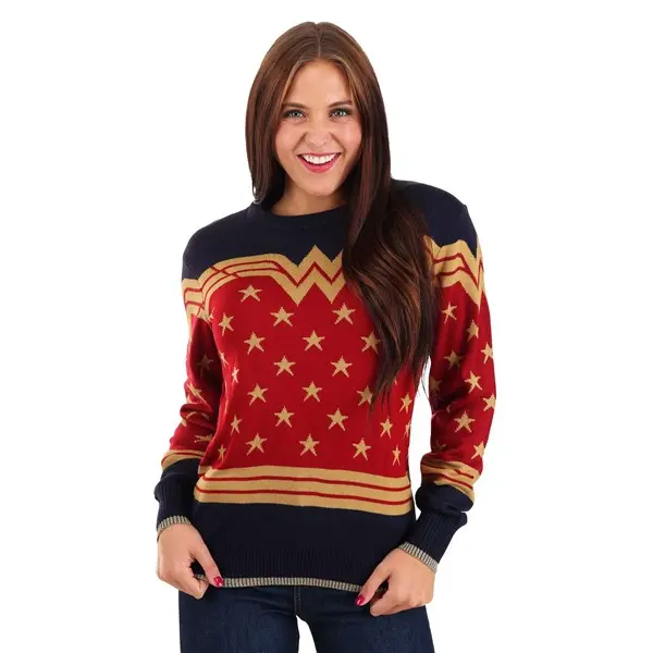 Adult Wonder Woman Dark Blue Ugly Sweater, Slip, Long Sleeve