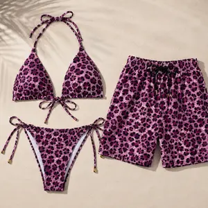 Wild & Bold Leopard Print Bikini Set with Matching Men’s Shorts – Trendy Couple Beachwear, Eye-Catching Summer Outfit