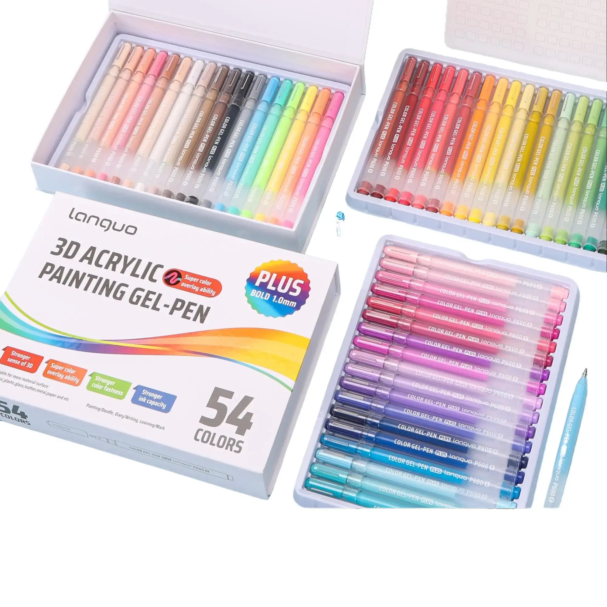 Languo Gel Pens for Coloring, 54Colors Set 3D Acrylic Paint Pens with 1mm Bullet Tip for Adult Coloring, Gel Pens for Black Paper, Rock, Glass, Fabric, DIY and Art Crafts Supplies