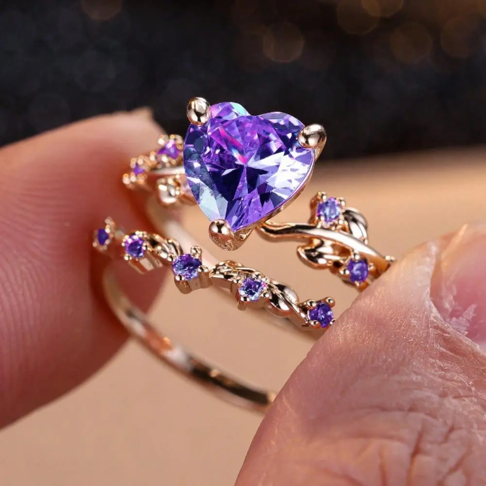 Rings for Women, Elegant Heart-Shaped 2-Piece Bridal Set with Shimmering Purple Cubic Zirconia, Contemporary Design for Engagement & Valentine's Day, Bridal Ring Set, Unisex, Double Rings