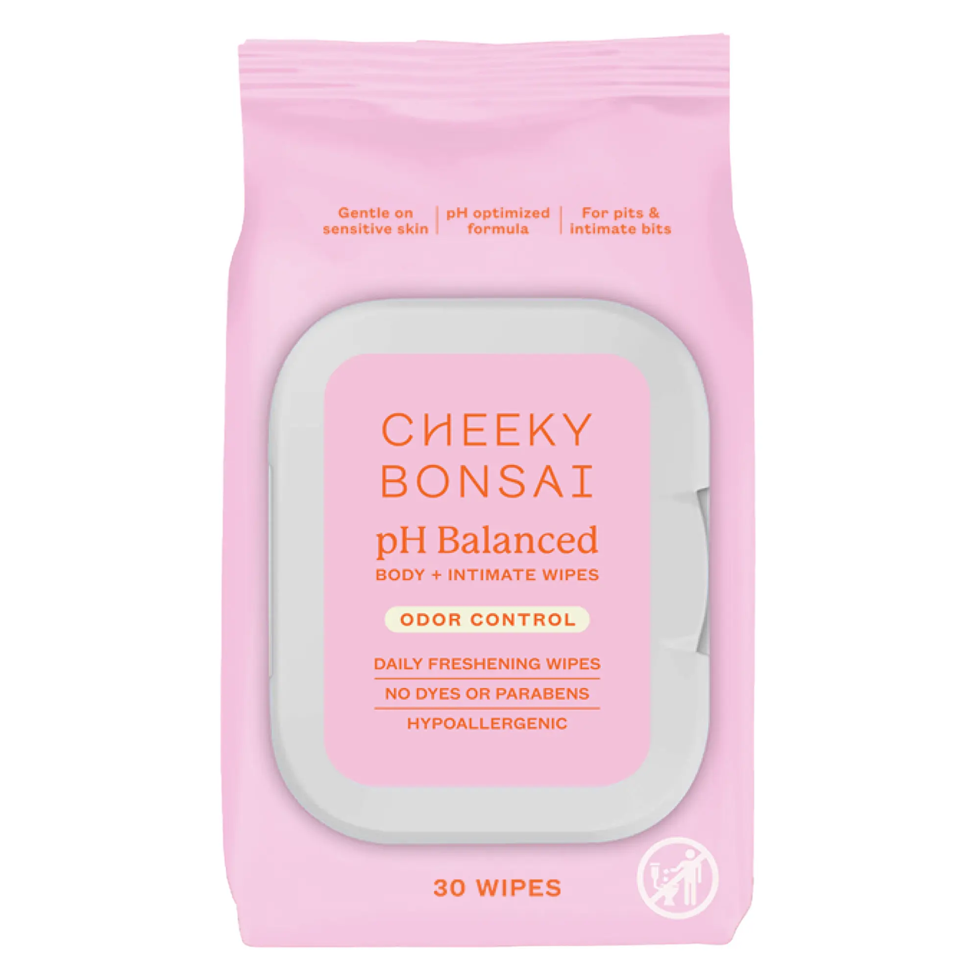Cheeky Bonsai pH-Balanced Intimate Feminine Wipes for Sensitive Skin Adults, Gentle Cleansing with Prebiotics, Odor Control, 30-Count Multi-Pack Intimate Wash Companion, 30-Count Pack, All Skin Types, Prebiotic Skin Loving