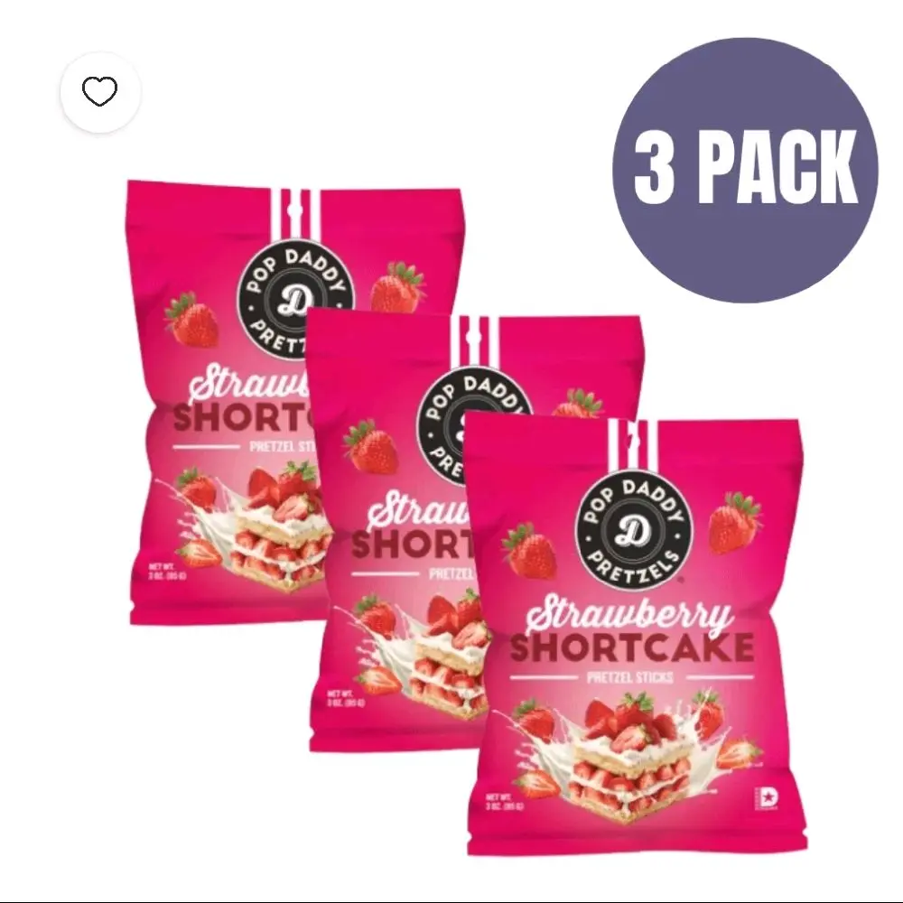 3 Pack Pop Daddy Strawberry Shortcake Flavored Pretzels - Crispy Crunchy Gluten-Containing Snack, 3oz, Made with Wheat/Rice Flours, Dessert Suitable for Room Temp Storage