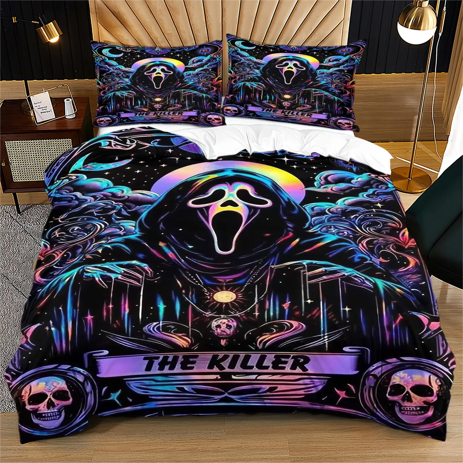 Star and Moon Skull Cover, a unique and personalized bedroom decoration gift suitable for young adults, including 1 duvet cover and 1 or 2 pillowcases without a core and pillow, Decorative Bedding Set