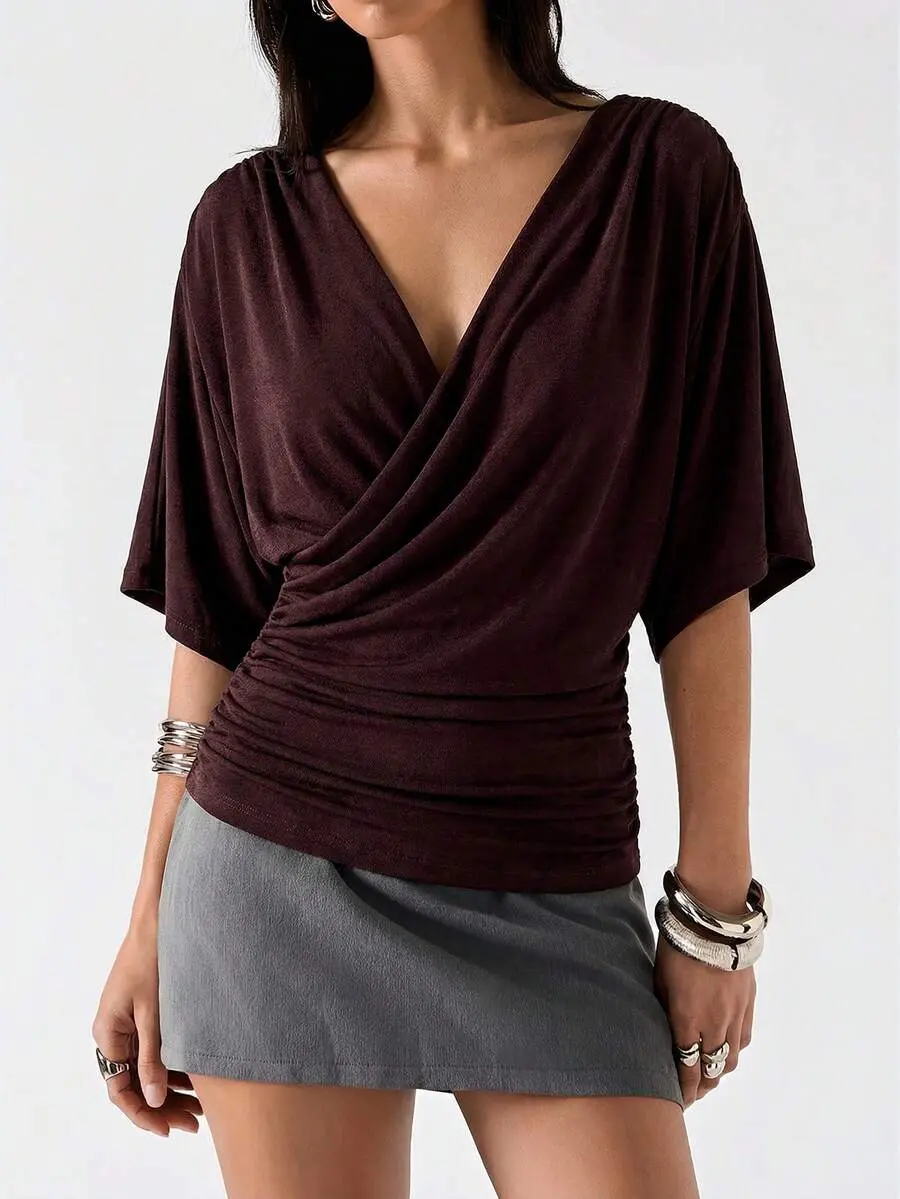 OFFGIRD x LYSMO 2026 New Minimalist Spring/Summer Women's Solid Color Overlapping V-Neck Batwing Short Sleeve Casual T-Shirt, Brown,Summer Top