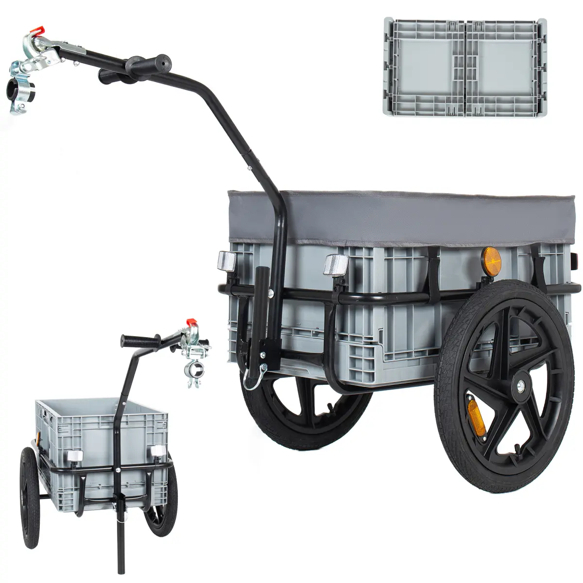 2-in-1 Bike Cargo Trailer with Foldable Storage Box, Removable & Waterproof Cover, Bicycle Trailer w/Quick Release 16" Wheels, 70L Large Capacity, Black+Gray