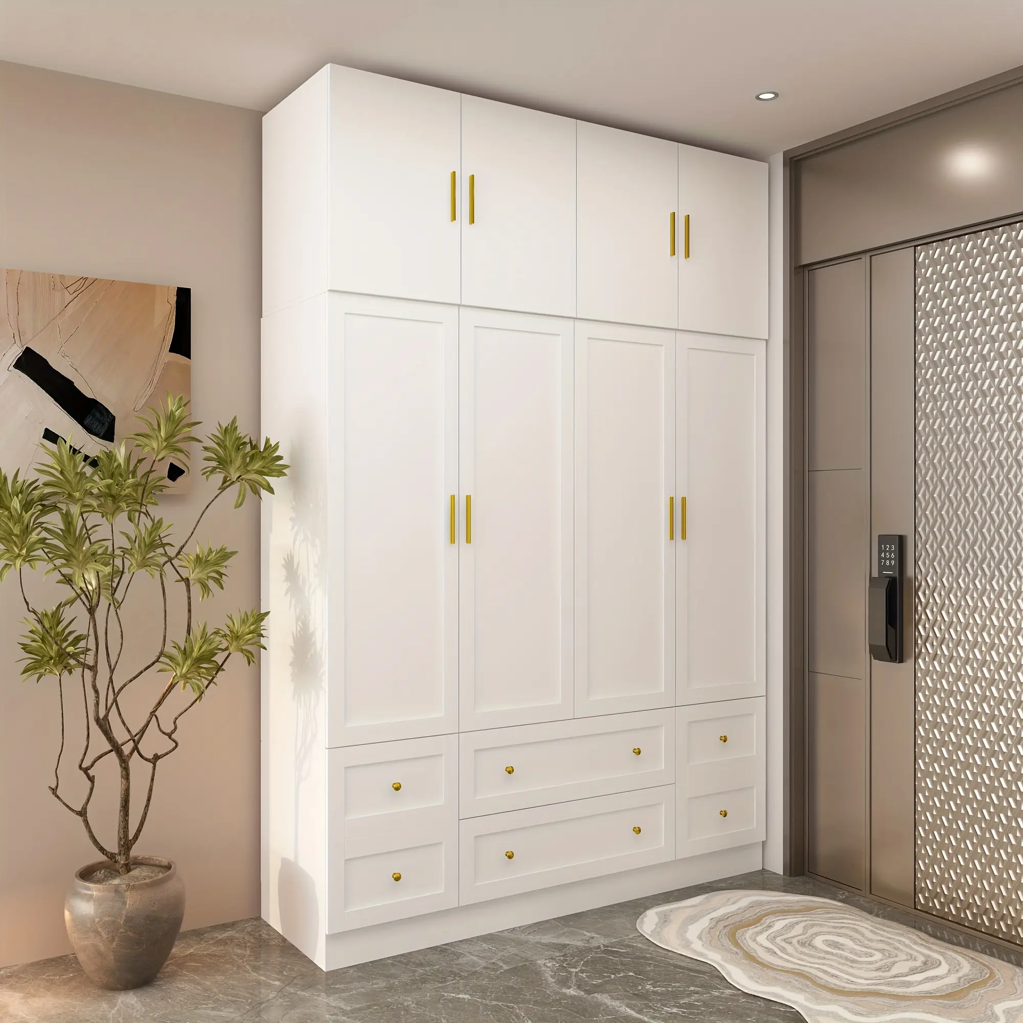 Stylish Wardrobe Cabinet Featuring Four Drawers And Storage Shelves, Equipped with Hanging Rods for The Bedroom, Ideal for Organizing Clothes, in a White End