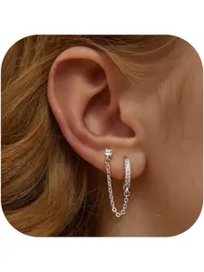 Chain Earrings for Women - 925 Sterling Silver Double Piercing Stud Earring Jewelry Hoop Earrings Gold Fashionable Huggie Earrings for Multiple Piercing CZ Drop Cartilage Helix Earrings for Teen Girls Earring Stack