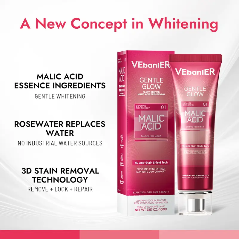 Rose Malic Acid Dental Care Toothpaste - Fluoride-Free, Antibacterial, Gentle Brightening, Color Correction, Teeth Stain Remover, Long-Lasting Fresh Breath, Safe for Youth & Adults, Contains Neither Harmful Additives, Healthy Oral Care Daily Use