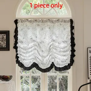 Floral Print Curtain with Black Ruffled Trim, 1 Count Light Filtering Window Drape, Elegant Home Decor for Bedroom, Living Room, Bedroom Curtains Arch