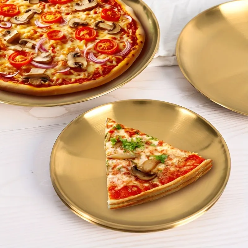 2pcs, Golden Pizza Plates, Stainless Steel Dinner Plate, Round Golden Tray, Food Serving Plate, For Home Kitchen, Restaurant, Party Use