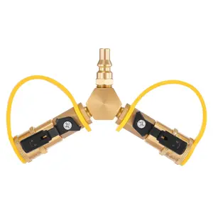 1/4-Inch RV Propane Quick Connect Y Splitter Adapter With Shutoff Valve For Campers And Trailers, Brass Gas Fitting, Durable Construction, Leak Tested, Easy Install, Compatible With Universal Quick Connect Systems, Outdoor Cooking