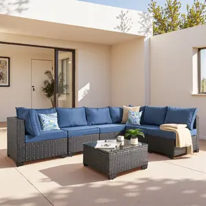 【2 Packages Shipping】HOOOWOOO 7-PiecePatio Furniture Set   Outdoor Rattan Conversation 6-Seat Sofa with Cushions & 1 Side Table for Bistro/Porch/Garden/Deck/Courtyard