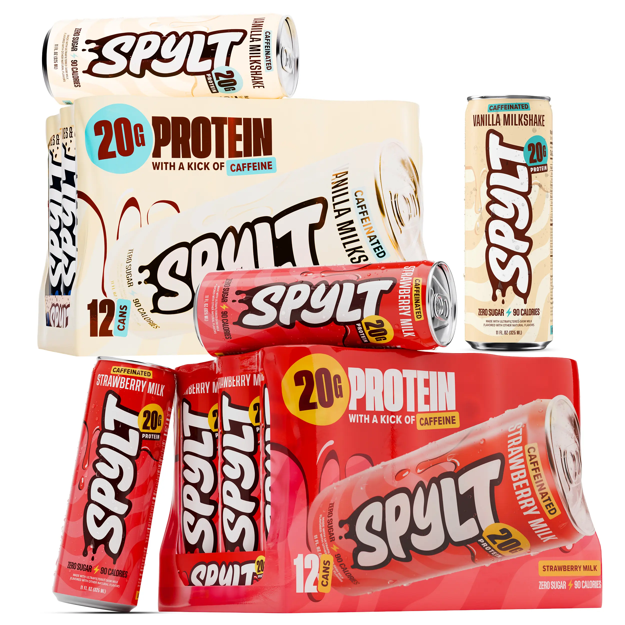 Spylt High Protein Strawberry + Vanilla Milk Bundle | 60mg Caffeine, 20g Protein, 90 Calories | Ready to Drink, Sugar Free, Lactose Free Milk | Perfect for Workout Recovery & Afternoon Pick Me Up