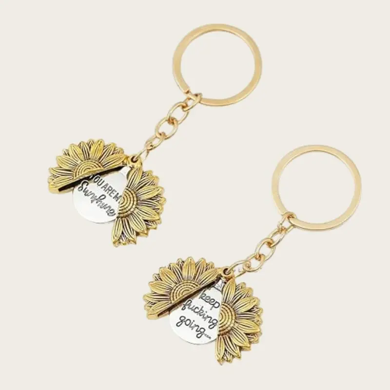 Sunflower Keychain Pendant Engraved Tag Keychain Sunflower Pendant Portable Keyring with Inspirational Message Keep Going