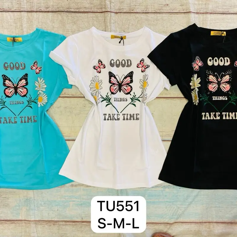 Vinizbena Butterfly And Flowers Rhinestones  Women  T-Shirt Top