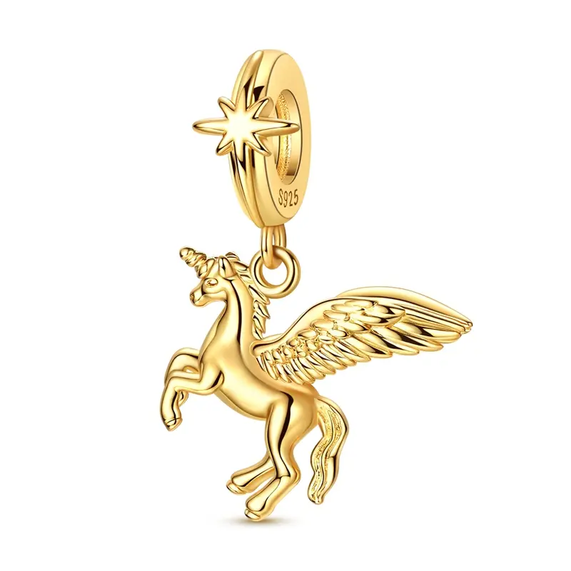 MULA 14K Gold Plated Unicorn Charm for Pandora Bracelet – 925 Silver-plated Winged Pegasus Flying Horse Dangle Bead with Star Bail, Magical Fairy Tale Necklace Pendant Jewelry Gifts for Women Girls, Daily Wear