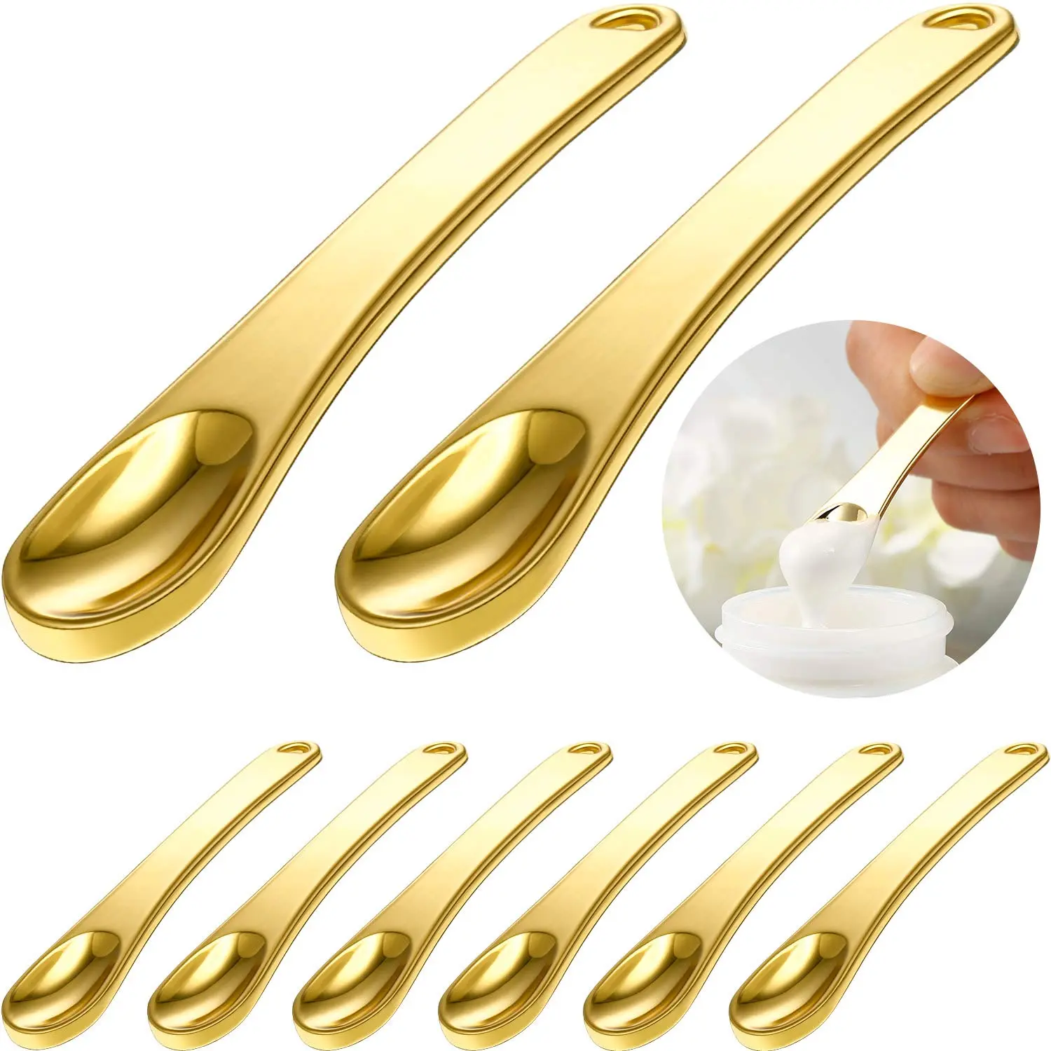 8-Piece Smooth Handy Gentle Lightweight Alloy Skincare Spatulas, Metal Cosmetic Mini Beauty Scoops for Mixing & Sampling, Gold Kitchen Utensil Makeup Applicator Facial Cream Mask Spoons