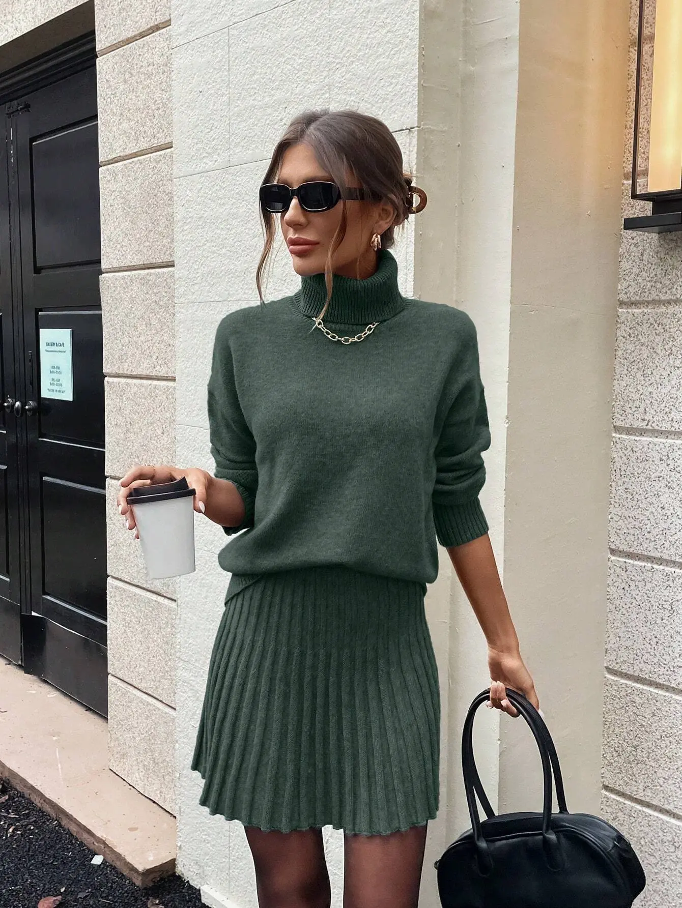 Women's Chic Plain 2-Piece Set, Soft Merino Wool Knitwear for Winter Elegance with High Neck Pullover and Skirt, Casual, Long Sleeve, Minimalist