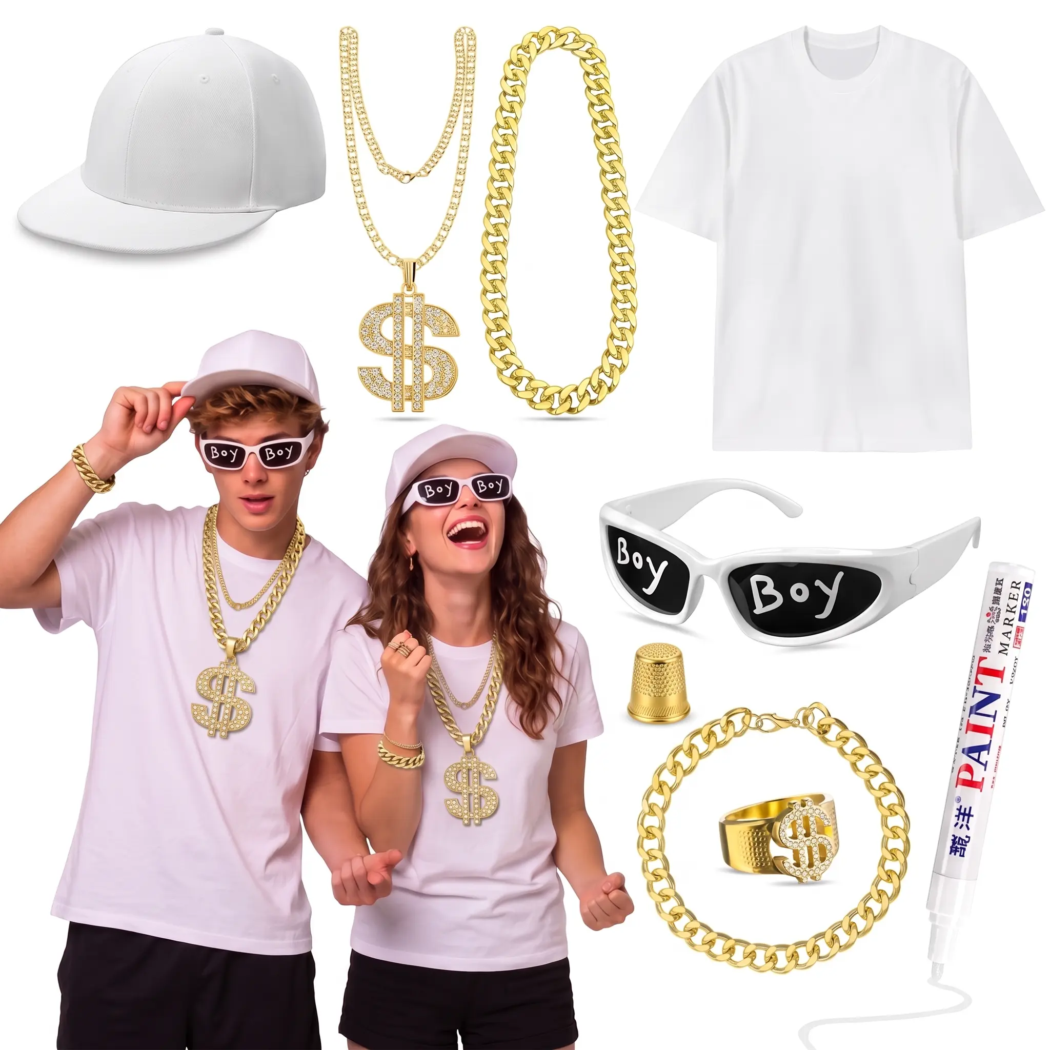 Unisex 8-Piece Halloween Costume Accessory Set - 80s-90s Rapper Retro Y2k Outfit Kit with T-Shirt, Snapback Hat, Sunglasses, Gold/Silver Chain, Bracelet, Ring for Halloween Party, Accessories