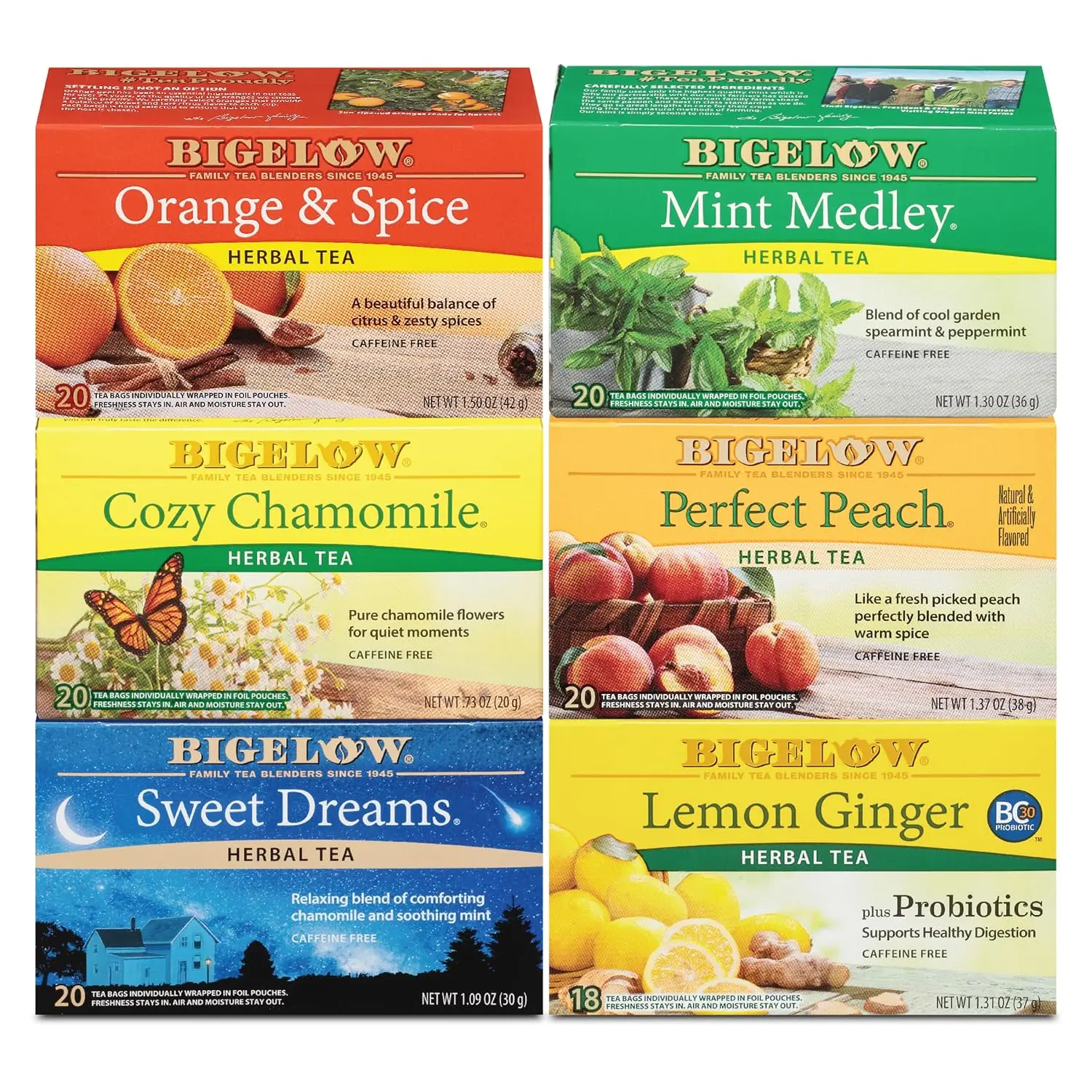 Bigelow Caffeine Free Herbal Tea Assortment 118 Count - 6 Soothing Flavors, Mint, Chamomile, Peach, Lemon Ginger & More