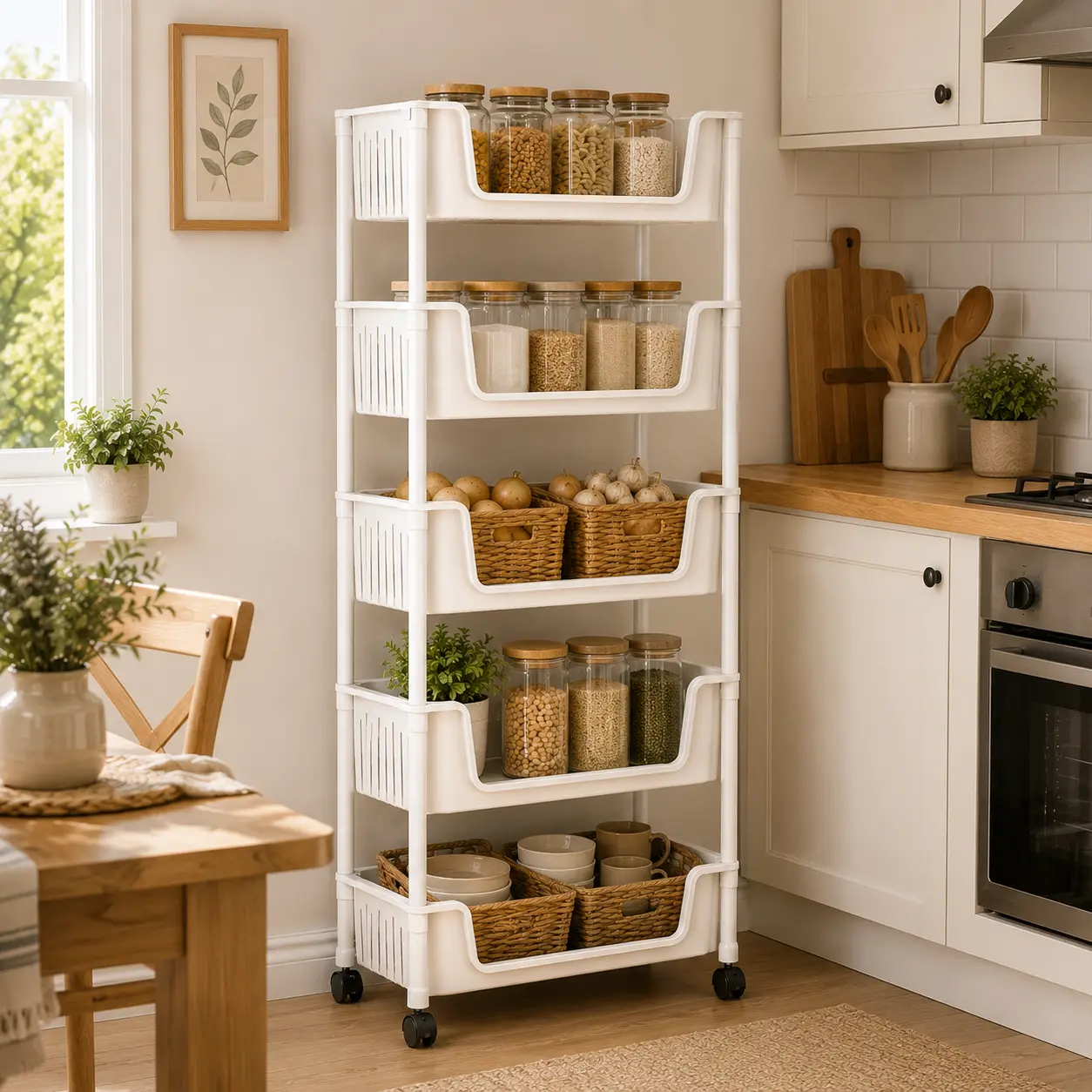 5-Tier ABS Lightweight Household Rolling Storage Cart, Narrow Mobile Utility Organizer with Lockable Wheels, Slim Racks for Kitchen, Bathroom Home Organization