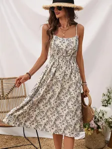 Elegant Floral Print Halter Dress, Waist Cinching Design, Square Neck, Loose Fit, Bohemian Casual Vacation Wear, Perfect for Outdoor Activities, Boho, Women