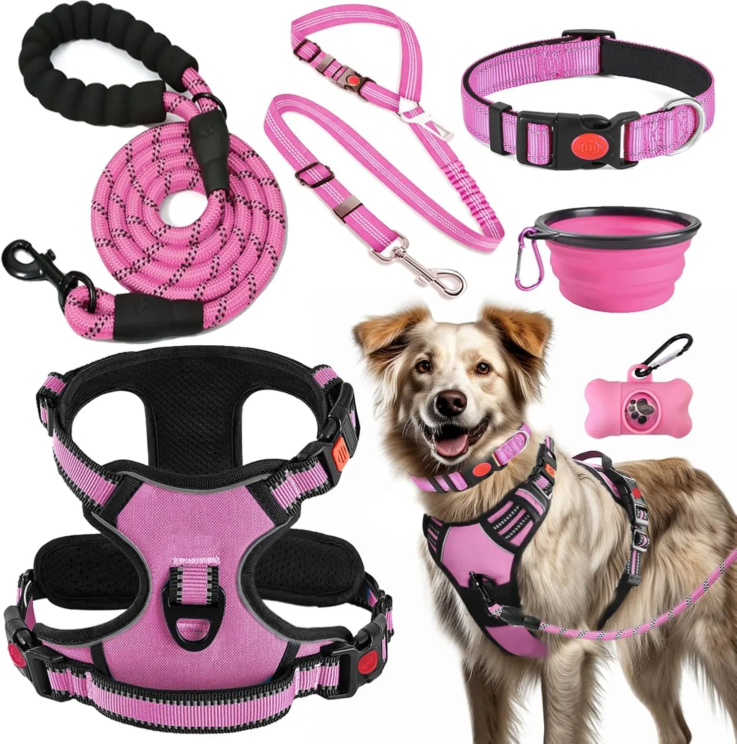 6Pcs No Pull Dog Harness Adjustable Collar & Leash Set - Dog Halter Harnesses Collapsible Bowls & Poop Bag Dispenser Fits Large Dogs (Pink) - Home Improvement.