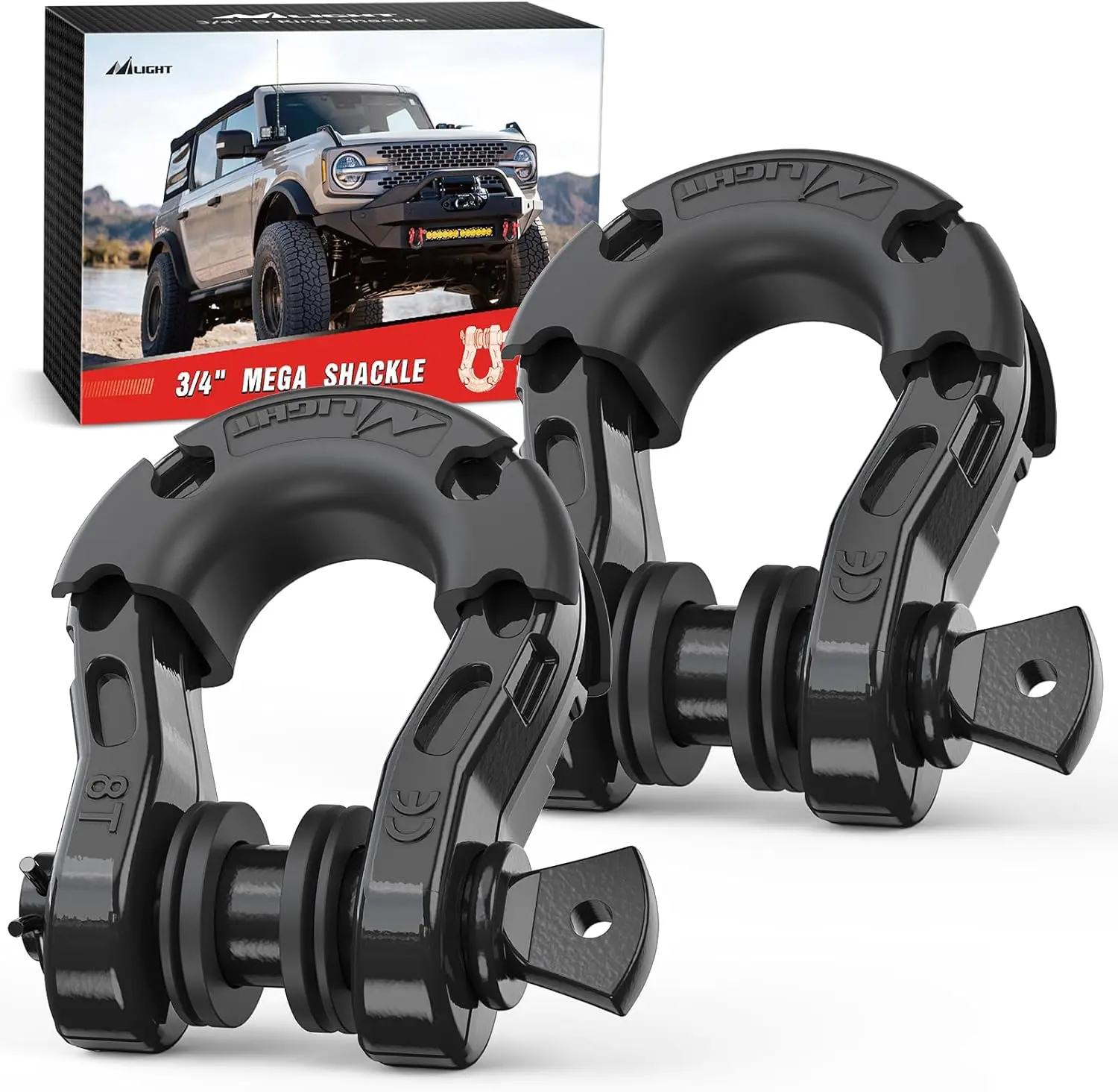 Nilight 2-Pack Drop-Forged Steel Off-Road Recovery D-Shackles, 3/4" Size, 7/8" Screw Pin, 68000 lbs Break Strength, Corrosion Resistant, Bumper Anchor with Washer & Black Isolator, for Jeeps & Winches, Lifetime Customer Service, With Washers