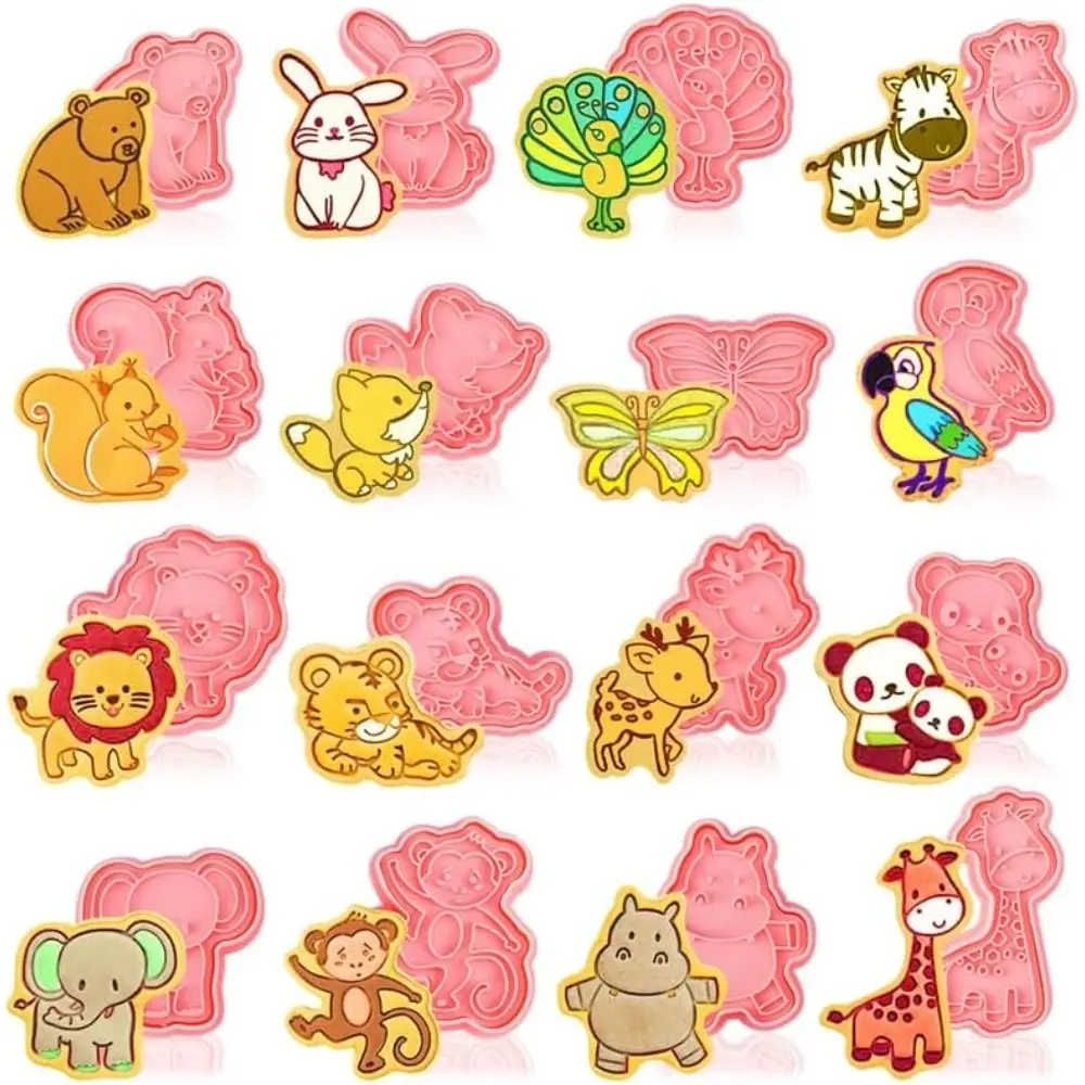 16-Pack 3D Animal Cookie Plunger Stamps Set - 1.5 to 2.5 Inches Easy Stamp, Animal Theme 3D Designs Cookie Decorating Tools, Jungle Safari Baking Utensils for Baby Shower, Birthday Party Clay Biscuits, Baking Accessories