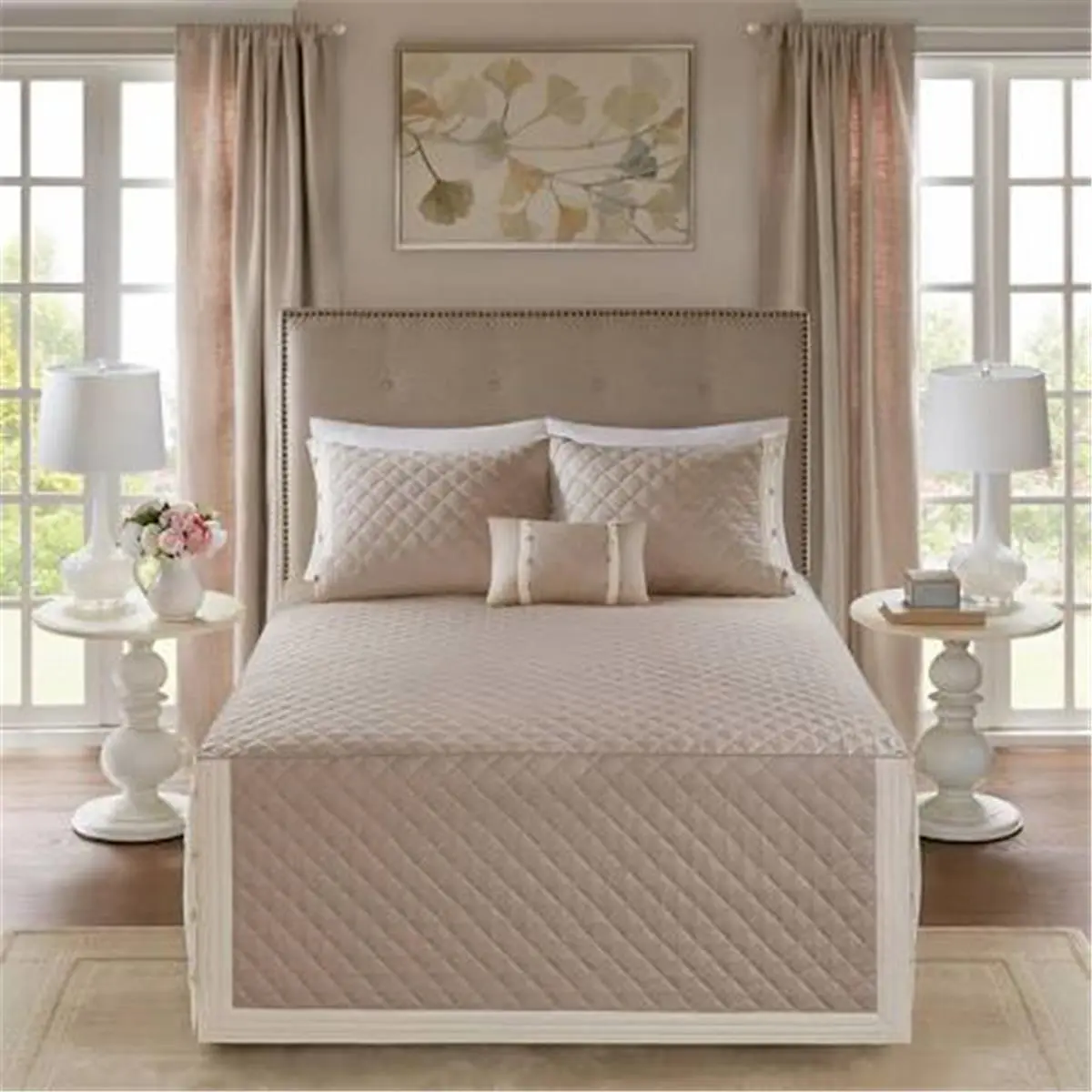 212 MAIN King/California King Khaki Elegant Cotton Percale Diamond Quilt 4-Piece Tailored Bedding Set - Decorative Bedspread & Coverlet, Fitted Look, Matching Shams, Quilt Bedding Set, Decorative Bedding Set