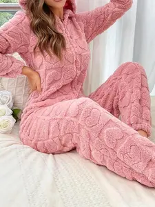 Women's Heart Jacquard Zip Up Hooded Sleep Jumpsuit, Casual Long Sleeve Jumpsuit for Fall & Winter, Women's Sleepwear for Indoor Wear(gift) Womenswear Loungewear