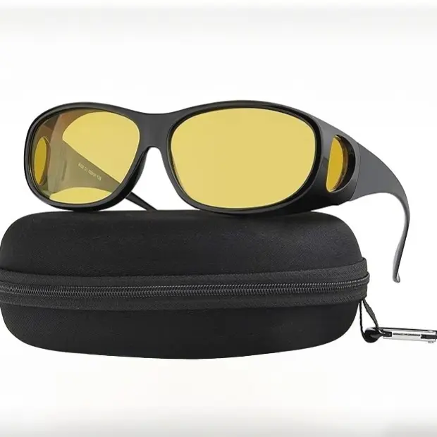 Night Driving Glasses Fit Over for Men Women Anti Glare Polarized Night Vision HD Yellow Lens Wrap Around Design TR90 Frame TAC Lenses