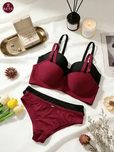 Women's Bra & Panty Set, Adjustable Straps, Soft Fabric, Pure Color Design, Perfect for Bridal Weddings, Parties, Daily Wear