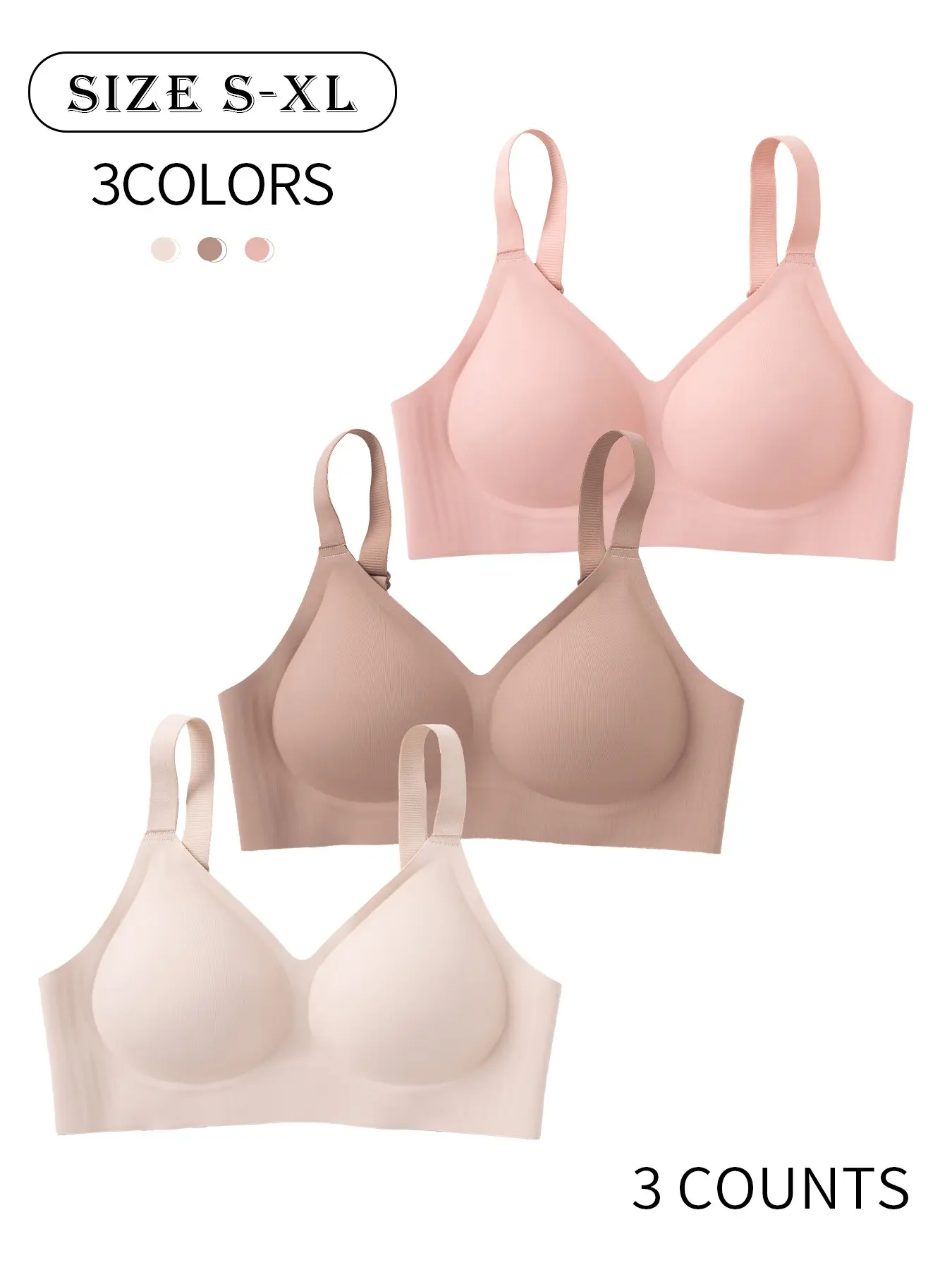 3 Pack / 5 colors seamless jelly women's bras, Padded brassieres, XS-XL Daily casual comfortable skin-friendly and breathable Padded with hook-and-eye closure Supportive and gathering type Yoga sports back Seamless bra set