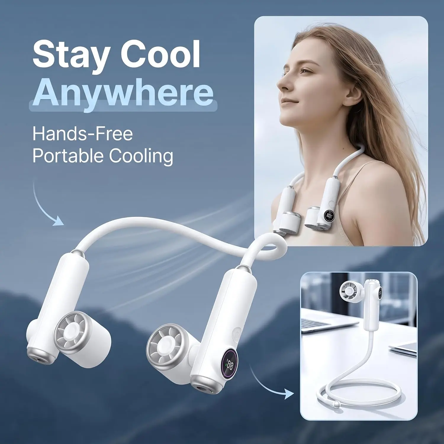 Multifunctional Foldable Bladeless Neck Fan with LED Display - USB-C Rechargeable Silent Wearable Fan, Hands-Free, 360° Adjustable, 5-Speed, Long Battery Life, Protection-Focused, for Family, Concerts, Multifunctional Fan, Rechargeable Fan